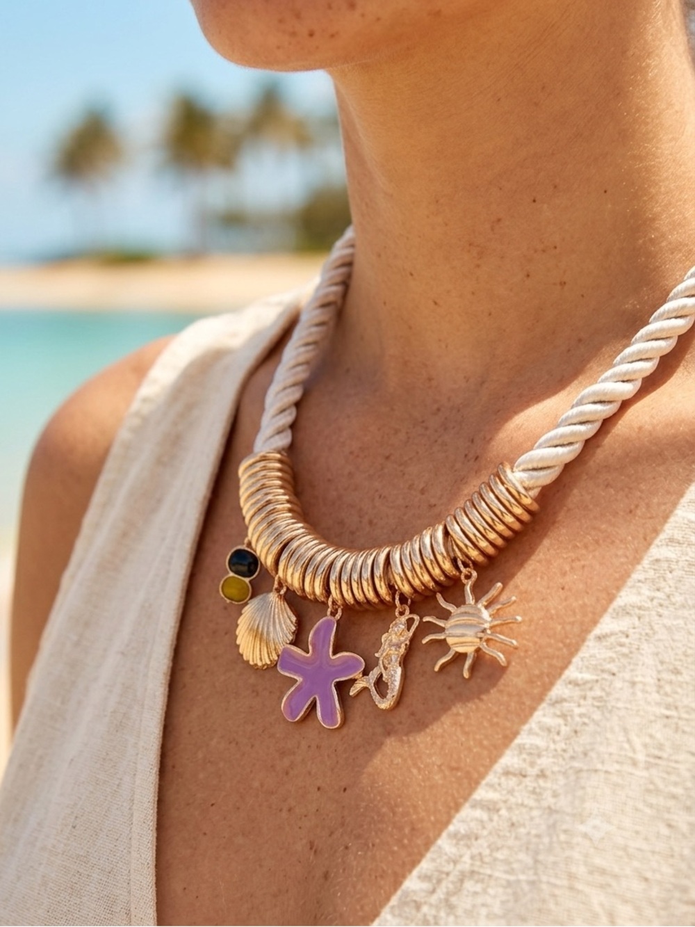 Scoop Nautical Beach Charm Necklace 16" Gold Tone Rope Choker Starfish Shell NWT
